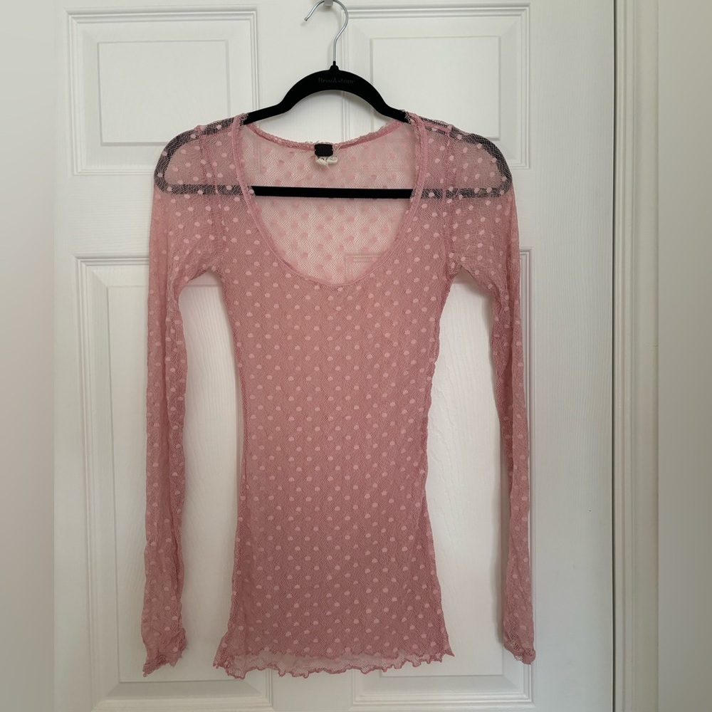 We The Free Boho Light Pink Dotted Swiss Long Sleeve Sheer Top